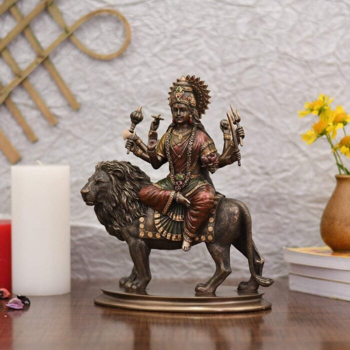 Extremely Detailed Goddess Ma Durga On Lion | Cold-Cast Bronze Statue