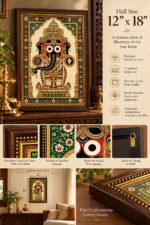 Framed traditional Indian deity artwork with close-up details of the ornate frame and artwork