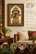 Framed traditional Indian deity artwork displayed in a living room with product features and size reference