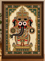 Framed Pattachitra-inspired deity artwork with ornate floral borders and a dark wooden frame