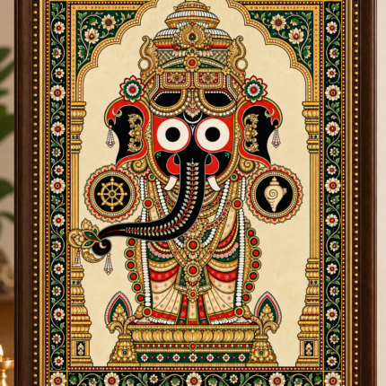 Framed Pattachitra-inspired deity artwork with ornate floral borders and a dark wooden frame