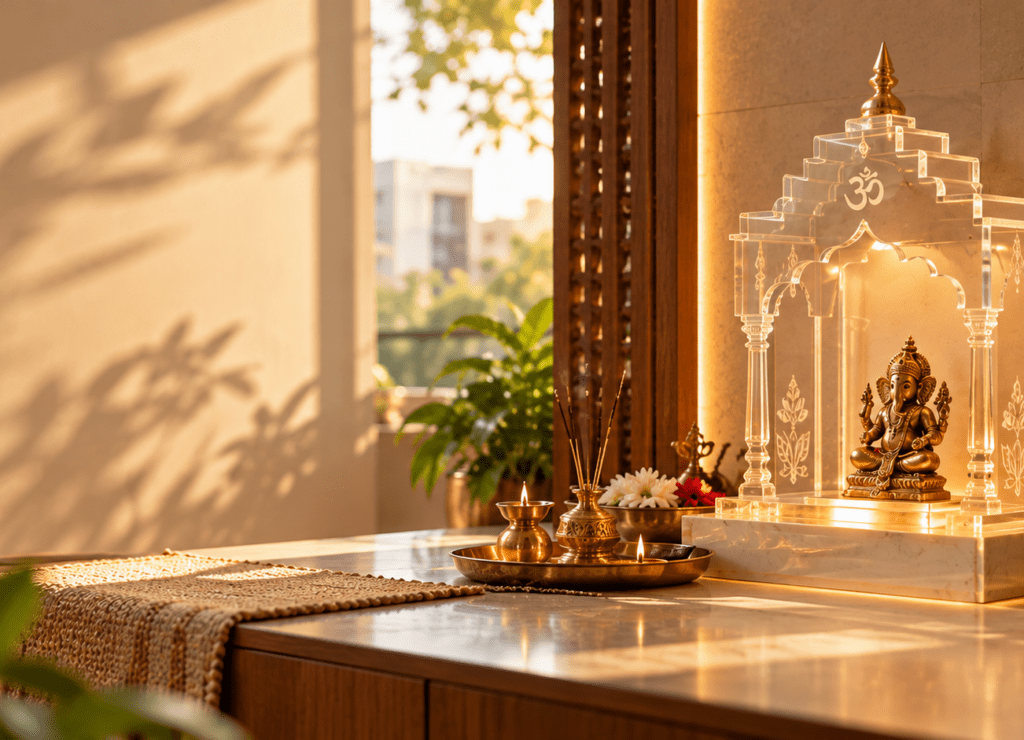 Contemporary compact Ganesha mandir for a sacred corner at home