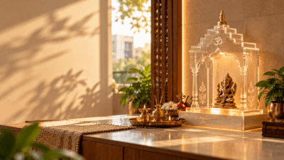 Contemporary compact Ganesha mandir for a sacred corner at home